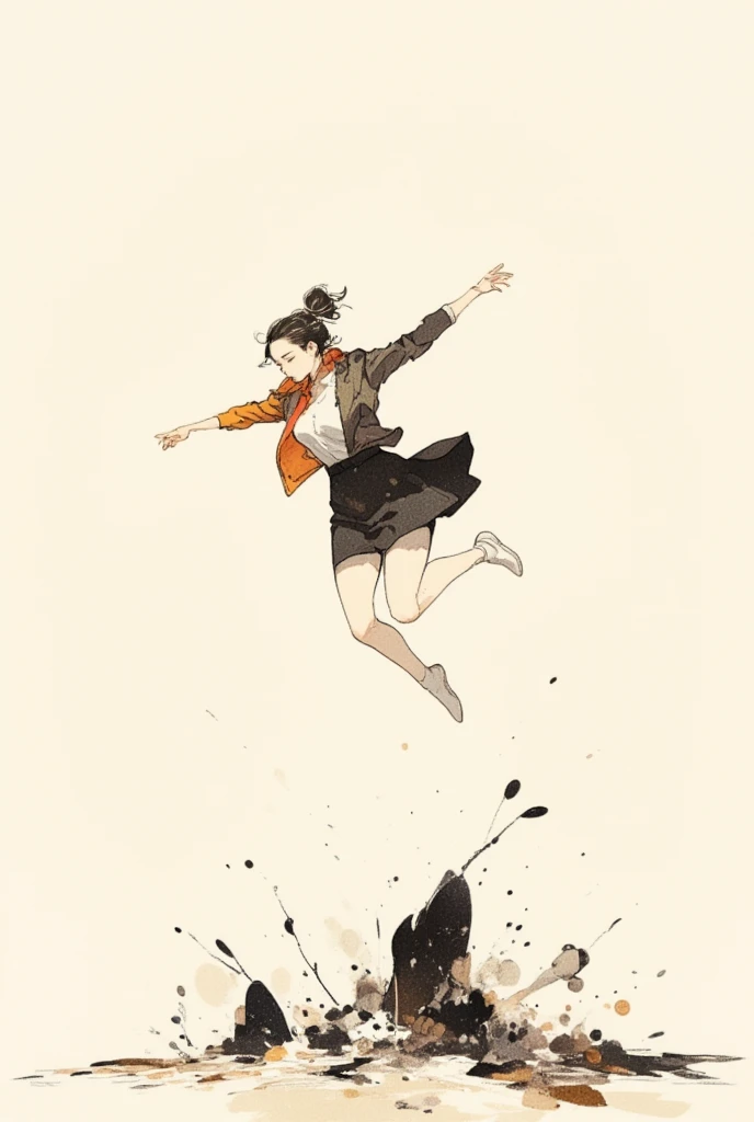 Woman jumping high,I'm plummeting to the ground , poster art, Screen Printing Poster,  graphic novel cover art ,  graphic details ,  promotional artwork , Poster illustration, Illustrated poster, By Jens Sondergaard  ,  fashion illustration drawn on a watercolor white paper background,Promotional Poster, , comic book cover , Inspired by Emil Lindenfeld ,Concentrated line, 