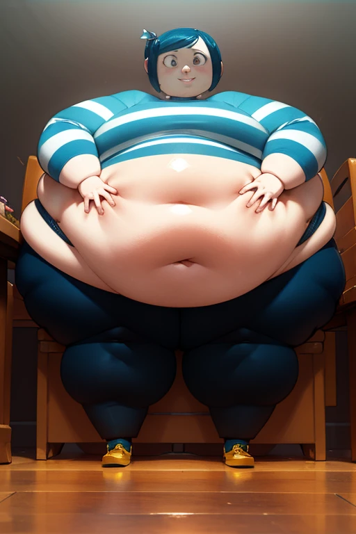 a cartoon of a fat woman with a large belly in office clothes sitting on the couch, 1girl, solo, massively obese, extremely obese, immobilized from fat, thicc, she has a jiggly fat round belly, her belly is fat and round, small curvy , big stomach, thicc build, oppai proportions, body swelling about to explode, bloated, cel shaded!!!, oppai, bbwchan, insanely inflated belly, dress shirt and pencil skirt, belly hanging past thighs onto knees, belly is over 500 pounds