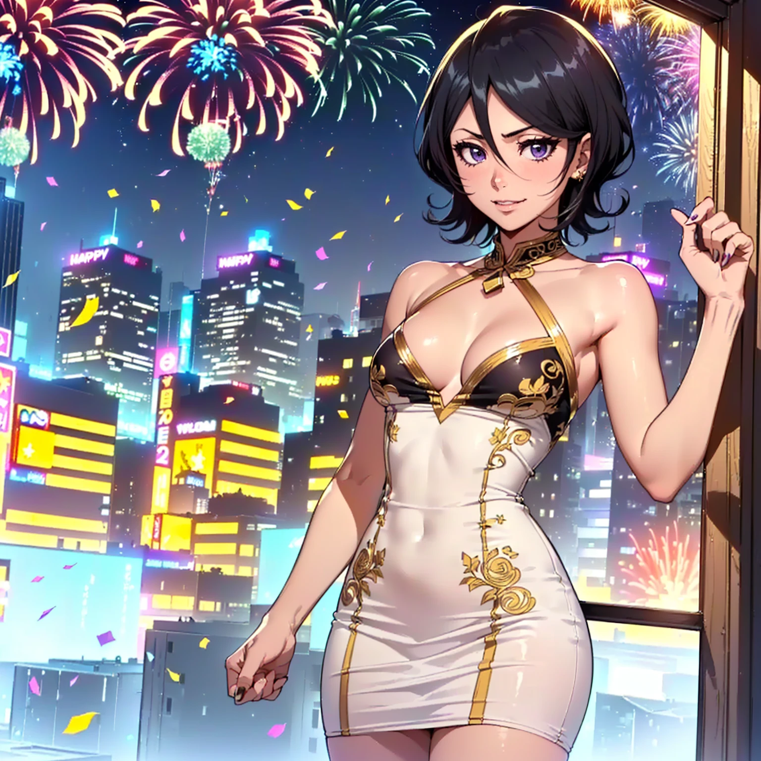 ((shiny eyes, 1girl, milf, standing, sexy pose, ((rukia, short hair, black hair, dark purple eyes, small bust, small breasts)), perfect face,  sharp focus, professional artwork, intricate details)), ((fitness,, shapely body, athletic body, toned body)), ((white dress, dress with gold embroidery, a-line dress, high heels, silver, new year, new year's eve, fireworks, 2025, happy new year, happy 2025, new year's party, window, night, stars, balloons, new year decoration, terrace, buildings, skyscraper, balcony, smug, party, confetti, smug))