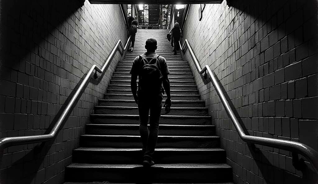 Comic book style, Italian male in his twenties in the likeness of Luigi Mangioni, wearing a backpack, descends stairs into the subway, new york city in background, sin city, black background, monochrome grunge charcoal style, unique crosshatching, dark dramatic lighting illustration, high angle camera lookin down stairs