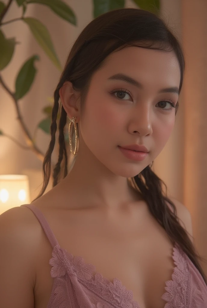 8k, masterpiece, best high quality, ultra-detailed, (ultra realistic:1.3), (clean photo:1.2), (ultra high resuliton:1.3), (soft lighting:1.2), (perfect image coloring), (bright lighting:1.2), indonesian face, ((perfect nude breasts)) beautiful face, perfect indonesian girl, aged 22, (((perfect nude body))), ((nude: 1.0),chest forward, smooth skin, smile, beautiful large hoop earrings, background a very stylish modern designed bedroom with intricate detailel and stylish decoratition in apricot, light purple and leafgreen, lifelike colours, full body view photos, high nose, thick lips, (huge breasts), eyeballs wearing eye lenses, bulging eyes, randomly naughty pose, ((beautiful smile:1.5))