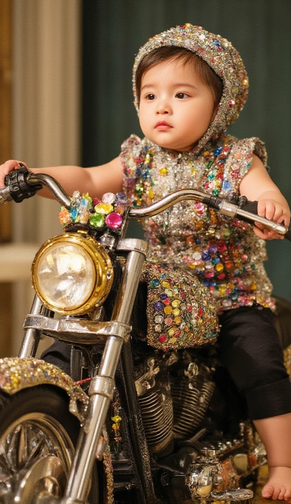 Create an image of an adorable baby riding a luxurious, jewel-encrusted motorcycle. The baby is wearing a sparkling outfit adorned with colorful gems and a matching hat. The motorcycle is decorated with an array of shiny jewels and has a gold frame, set against a blurred, elegant background with soft lighting.