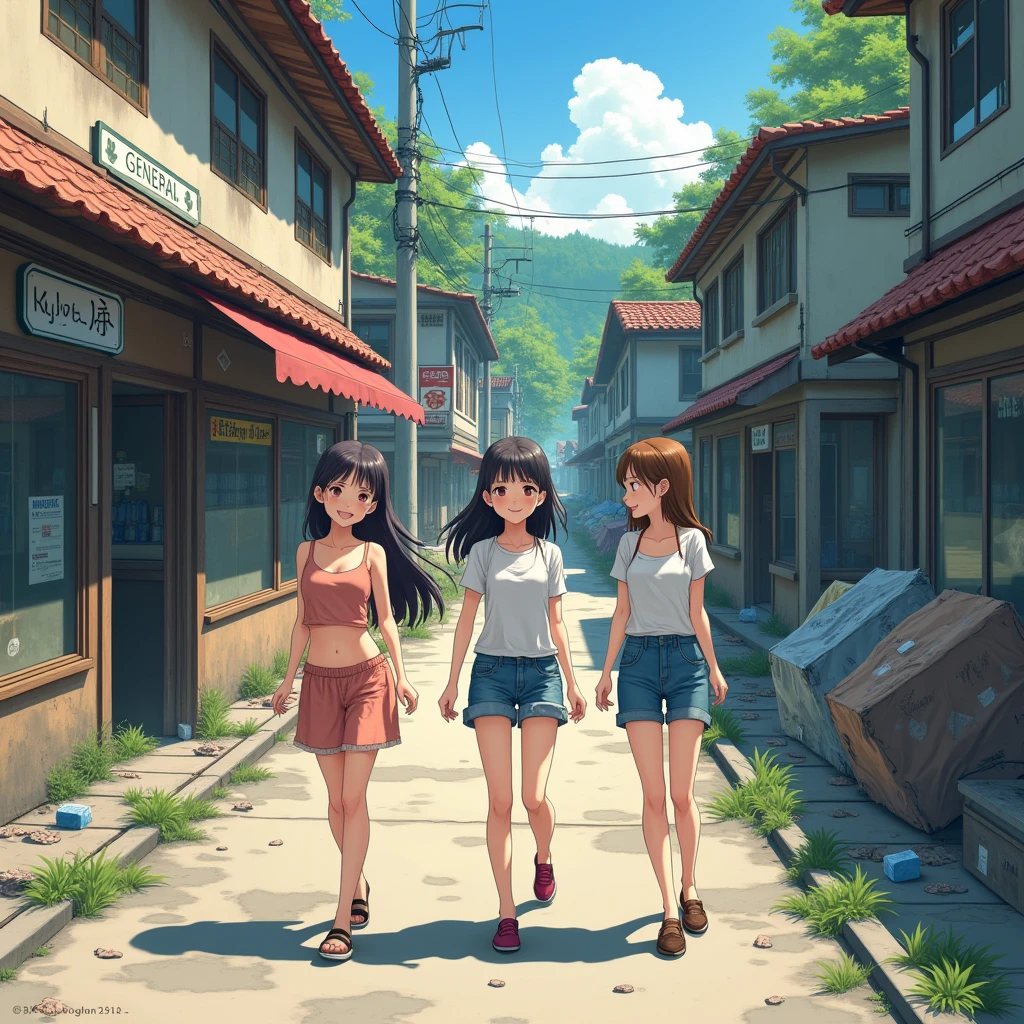 Three girls in white bras and panties are walking, there are many girls walking on the street, anime girls, lively town, fantasy worldview, anime, right eyes, drawn eyes, right feet, right ankles, detailed drawings, masterpiece, girls without clothes, everyone is undressed,