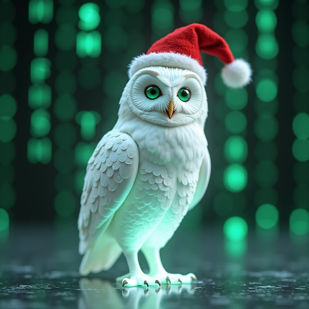 masterpiece、Alone, (1 white owl-shaped hologram),Put a Santa Claus hat on your head,Intelligent, kind, top quality,  High Definition Model  ,  high detail, 3d rendering ,8k,Green alphanumeric characters randomly placed on the background, Blurred Background