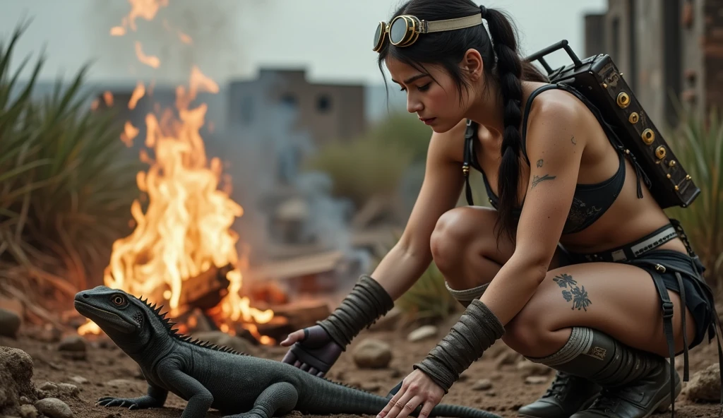 ((( Low angle shooting、full length portrait of young woman who is crouching by her camp fire, she is preparing to cook, there is a dead lizard monster on the ground at her feet, Biologically correct images , sleepy eyed , looking at the fire   :1.22 ,  standing in front of ruins  ,naked except for leather loin cloth and wrist guards , open short leather vest , breasts bound in a dirty bandage , steampunk goggles on head , Chinese character for love tattoo on right pelvis , scrapes and dirt on her skin,  chainsaw strapped to back,barefoot , , )))