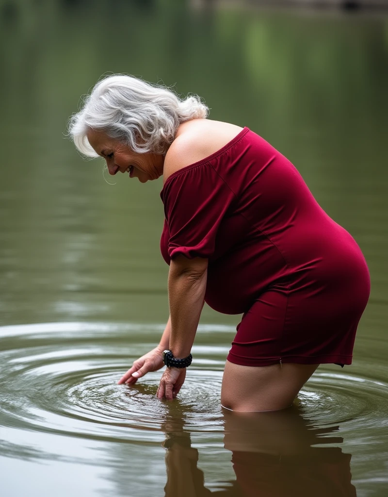 60-year-old red-haired French woman, facing the camera, in adult diapers, feet in the water of a lake, seduction, Sunset, cinematographic rendering, 32K, RAW