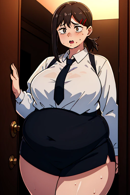 indoor, bathroom,sex,absurderes, hight resolution, ultra-detailliert, 1girl in, Kobeni(obese figure:1.5), White collared shirt, neck tie, Blood on clothes, Nervous, Open mouth, Sweat, own hands together, Constricted pupils, Dark room, (Perfect anatomy of an obese female body),(Dark, darkness, pitch black, shadowy, Shaded face),(clothes that fit your big, fat body size).