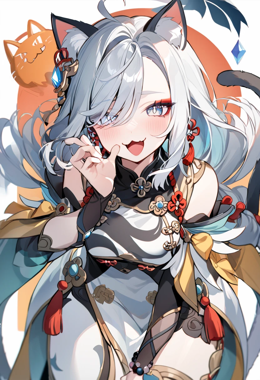 none background, white basic background, cat ear, cat tail, slight blush, craw pose, open mouth, meow mouth, :3, five finger, (\shenhe\), 1girl, solo, female focus, jewelry, beads, bead necklace, ahoge, bangs, tassel, makeup, red eyeshadow, slit pupils, eyeshadow, Perfect Hands