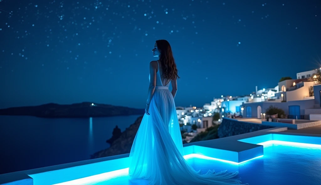 hermosa joven pelirroja andaluza de piel calra y pelo largo , She wears a transparent dress that leaves little to the imagination., posa a la luz de la luna en lo alto de un acantilado donde intenta tomarse una foto.. 8k , hiperdetallada, hiperrealista, overview