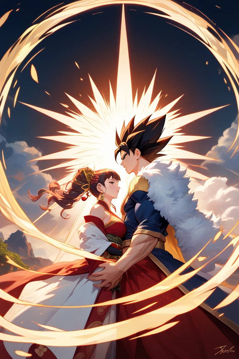 Japanese mythology-inspired characters, a male and female pair embodying Sarutahiko and Ame-no-Uzume. The male character wears a tengu mask, emphasizing the mystical essence of Sarutahiko, while his divine Santa-inspired outfit features elaborate gold and red details, showcasing a muscular upper body and a confident posture. The female character has an elegant and graceful appearance, adorned in a robe of feathers resembling the celestial robe, highlighting her feminine charm. Both characters are depicted from the waist up, standing back-to-back, each holding one of the other's hands in a pose reminiscent of the Cha-Cha dance, with their free hands raised toward the sky, creating a dynamic and lively composition. The background features a blazing red sun at the top of the frame, with golden particle effects scattered throughout the scene. Both characters are surrounded by a golden aura reminiscent of Super Saiyan energy, radiating a divine and powerful atmosphere. Highly detailed, dynamic lighting, rich colors, intricate textures, and a mythical, festive vibe.