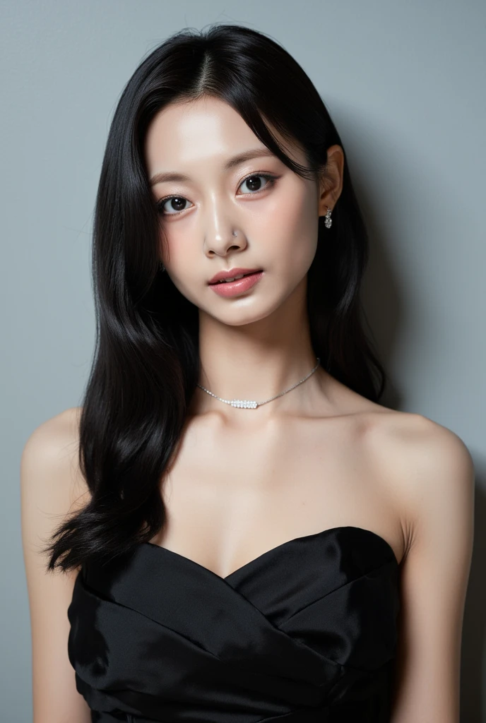 The image is a photograph of a young Asian woman with long, straight black hair that cascades down past her shoulders. She has fair, smooth skin and a delicate, symmetrical face with high cheekbones, full lips, and large, expressive brown eyes accentuated by subtle makeup. Her expression is neutral, almost contemplative, as she gazes directly into the camera.
She is wearing a black, strapless dress that clings to her upper body, highlighting her slender frame. The dress has a slight sheen, suggesting it might be made of satin or a similar material. Around her neck, she wears a thin black choker with a small, sparkling silver pendant in the center, adding a touch of elegance to her look.
The background is a plain, light gray wall with no discernible features, which helps to keep the focus on the subject. The lighting is soft and even, eliminating harsh shadows and giving the image a gentle, almost ethereal quality. The overall style of the photograph is minimalist, with a focus on the subject's natural beauty and the simplicity of her attire.  