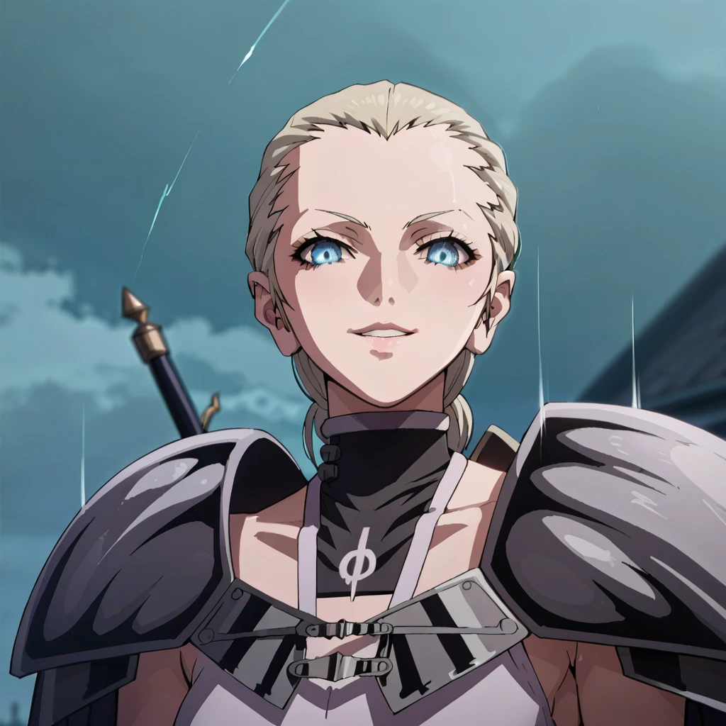 A dark and intense fantasy-themed artwork featuring Ophelia, a powerful and dangerous warrior known as 'The Rippling Ophelia' from the Claymore universe. She has short, sharp blonde hair framing her face, with a cold, sadistic smile and piercing eyes full of madness. Her sleek, silver armor is designed for speed and precision, with a battle-worn appearance and cape-like elements around her shoulders. Ophelia firmly grips a long, gleaming sword with both hands, holding it in front of her at a dramatic angle, showcasing her 'Rippling Sword' technique. The blade emits glowing ripples of energy, creating faint afterimages to indicate its blinding speed. The background is a stormy, ominous battlefield with jagged rocks, swirling mist, faint streaks of rain, and occasional flashes of lightning that illuminate her figure. The composition focuses on her stance and the sword, ensuring the weapon is correctly positioned and visually separate from her head or shoulders,暗い森の中