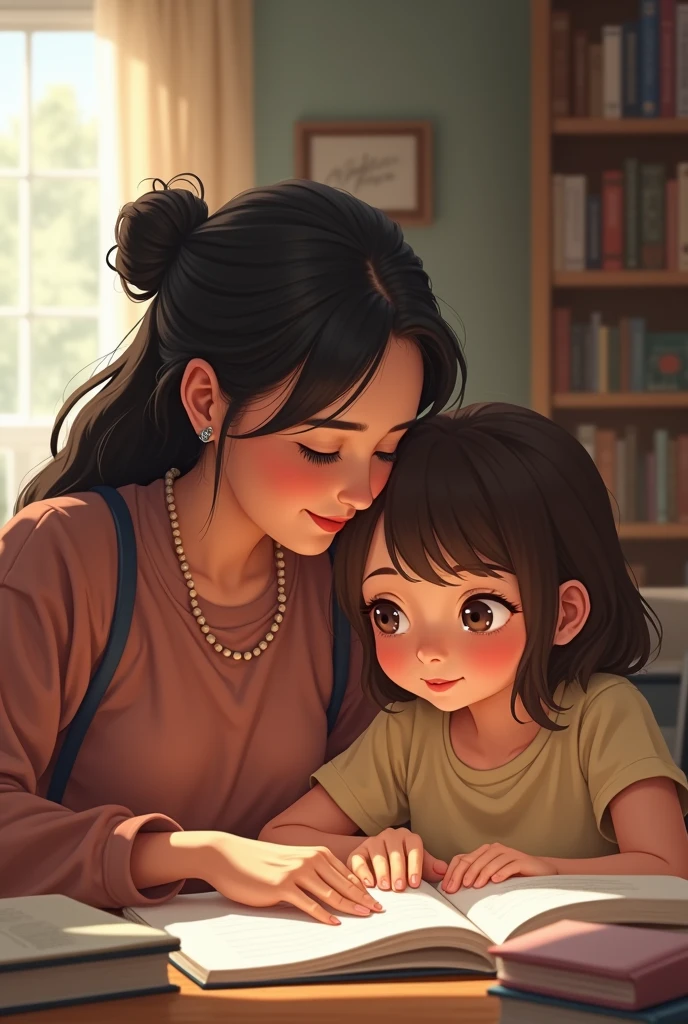 Draw a cartoon of a tall young woman with medium-long straight black hair, complexion media, black eyes with long eyelashes and round black glasses, trigea skin color, that she dresses feminine but elegant and modest and that she expresses her gender, which is heterosexual. .full body where he expresses that he likes children 