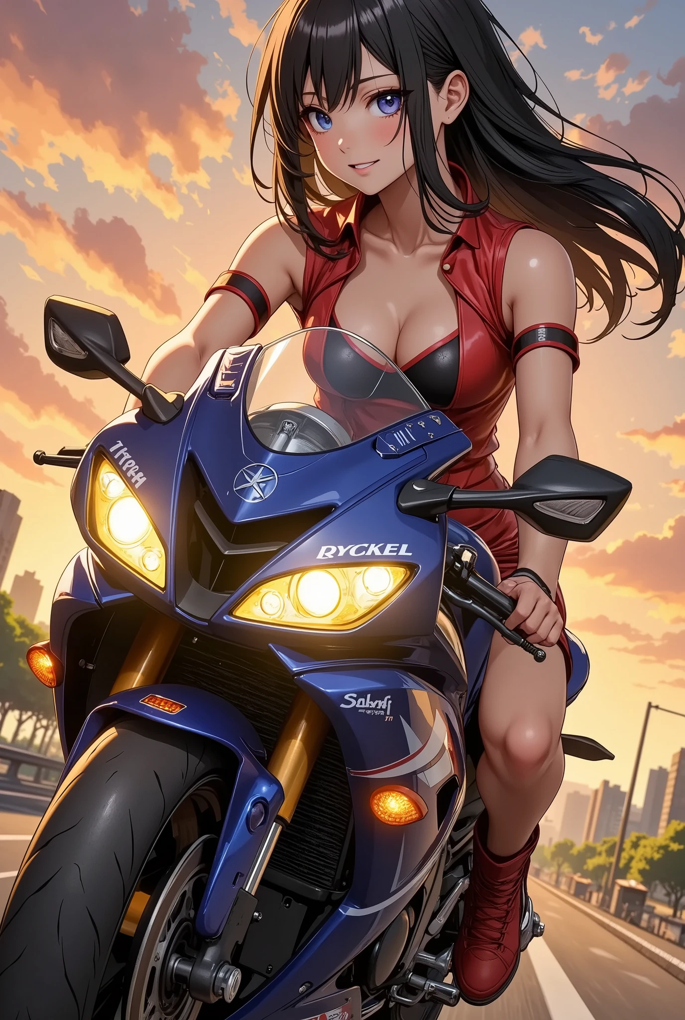 yhmotorbike (1 screen,Full body image), (((Dynamic Angle))), resolution,high resolution,8K,Highest quality,masterpiece, (pefect anatomy), (Perfect five-finger ratio), (Symmetrical face), (One young beautiful woman), (((Dark brown short hair,Forehead,smile:1.5))), (((She drives a large black motorcycle, the KAWASAKI-Z1000R.:1.8))), ((This is Manhattan Boulevard, New York City, USA,Times square)), ((Expressing a sense of speed:1.8)), ((Speed)), ((Speed)), ((dark red eyewear,Squaretype:1.5)), ((Dark red high leg bikini:1.5)), (Rider's Helmet:1.5), (Rider's Gloves:1.5), (Black rider boots:1.5), ((Hold the left and right handles:1.5)), (((Racer's riding pose:1.5))), (((Wind, Fluttering Hair))), ((Beautiful large, round and firm breasts:1.1)), (Beautiful cleavage), (Beautiful and flat abdomen), (Beautiful belly button), (Beautiful toned waist), (Beautiful tight big ass), (Beautiful slim thighs), (Draw the left and right rearview mirrors:1.3)、Headlights shine, White smoke comes from the tires