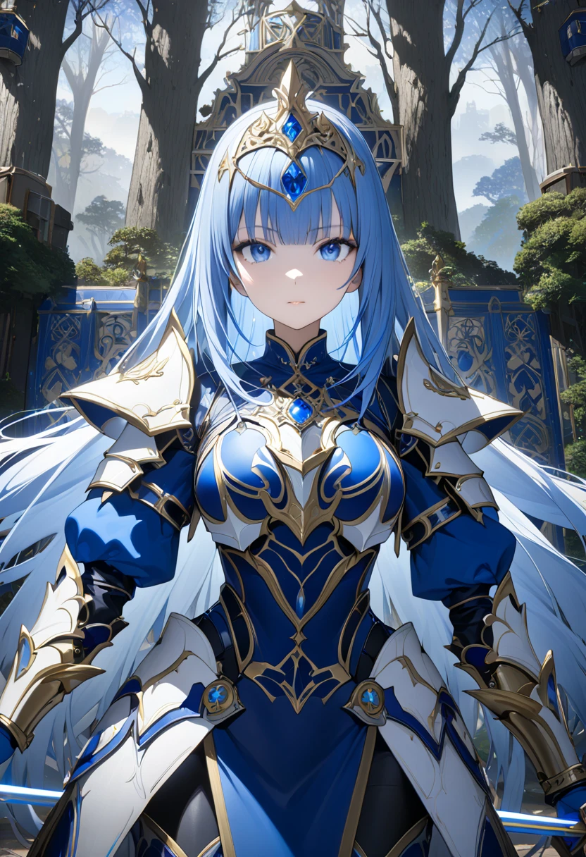  top quality、 Unity 8K Wallpaper 、32K、masterpiece、 very detailed bust、 super high resolution 、 very detailed bustな顔,  RAW photo,  professional, Fine painting、  midnight blue long straight hair 、 platinum tiara with blue jewels 、Blue Nun Cape、 blue eyes、( tree eyes ), Cool and sharp features, hime cut, 20～Female magical warrior, About 24 years old.、  white and gold breastplate  、  blue and white leotard with shackles、((( long pencil skirt decorated with blue and white gold 、 with side armor and long slits )))、Semi-puff sleeves with shoulder pads、 large white ribbon with large sapphire on the chest、 long white and blue gloves 、((( white and blue thigh-length stiletto boots :1.0)))、whole body、  he has a spear with a blue blade  ,