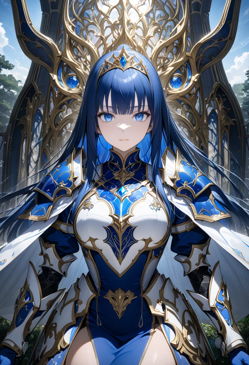  top quality、 Unity 8K Wallpaper 、32K、masterpiece、 very detailed bust、 super high resolution 、 very detailed bustな顔,  RAW photo,  professional, Fine painting、  midnight blue long straight hair 、 platinum tiara with blue jewels 、Blue Nun Cape、 blue eyes、( tree eyes ), Cool and sharp features, hime cut, 20～Female magical warrior, About 24 years old.、  white and gold breastplate  、  blue and white leotard with shackles、((( long pencil skirt decorated with blue and white gold 、 with side armor and long slits )))、Semi-puff sleeves with shoulder pads、 large white ribbon with large sapphire on the chest、 long white and blue gloves 、((( white and blue thigh-length stiletto boots :1.0)))、whole body、  he has a spear with a blue blade  ,