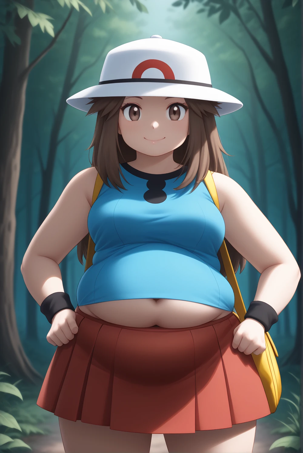 Score_9, Score_8_up, score_7_up, score_6_up, solo, 1girl, 1trainerleaf1, brown hair, brown eyes, 2default2, blue shirt, sleeveless shirt, red skirt, black wristbands, white headwear, hat, looking at viewer, smile, hands on hips, yellow bag, shoulder bag, messenger bag, cowboy shot, forest, weightchubby, weightobese, weightimmobile, fatnavel, roundbelly, exposedbelly