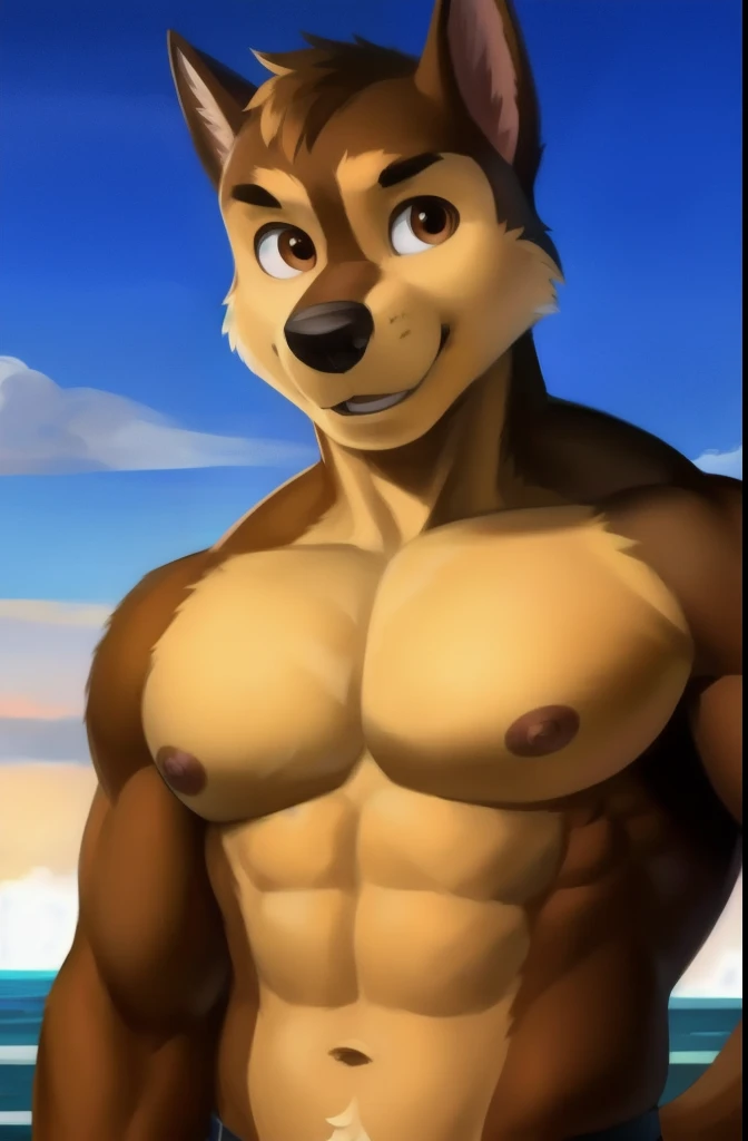 (masterpiece, 4K, ultra detailed), bear furry, brown fur, beige belly fur, short hair, two blogs haircut, masculine, outside, sunny, cartoony, anime, naked, teenage, athletic, blue anime eyes, penis