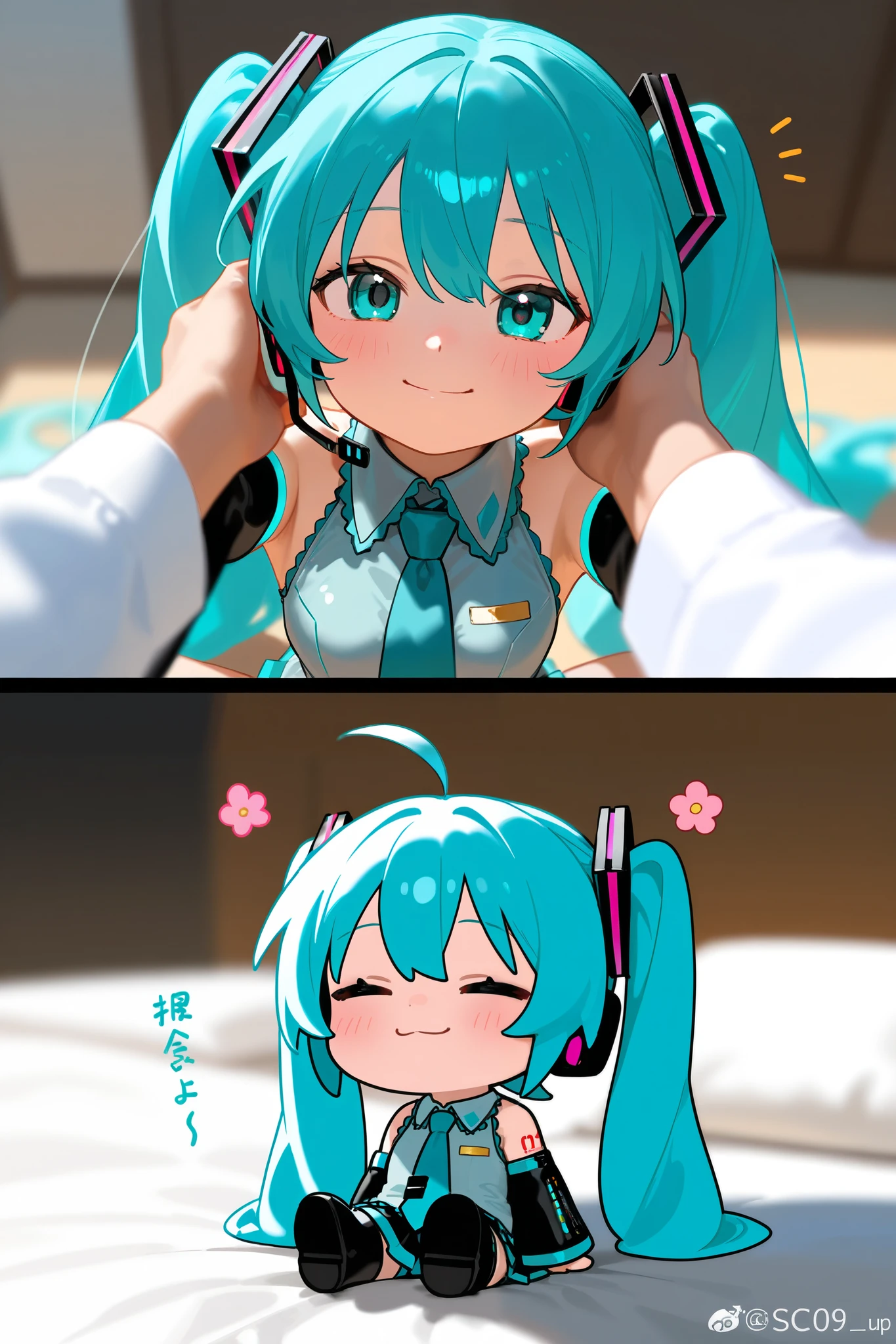  photorealistic、Chibi Miku seems to be having a fun conversation