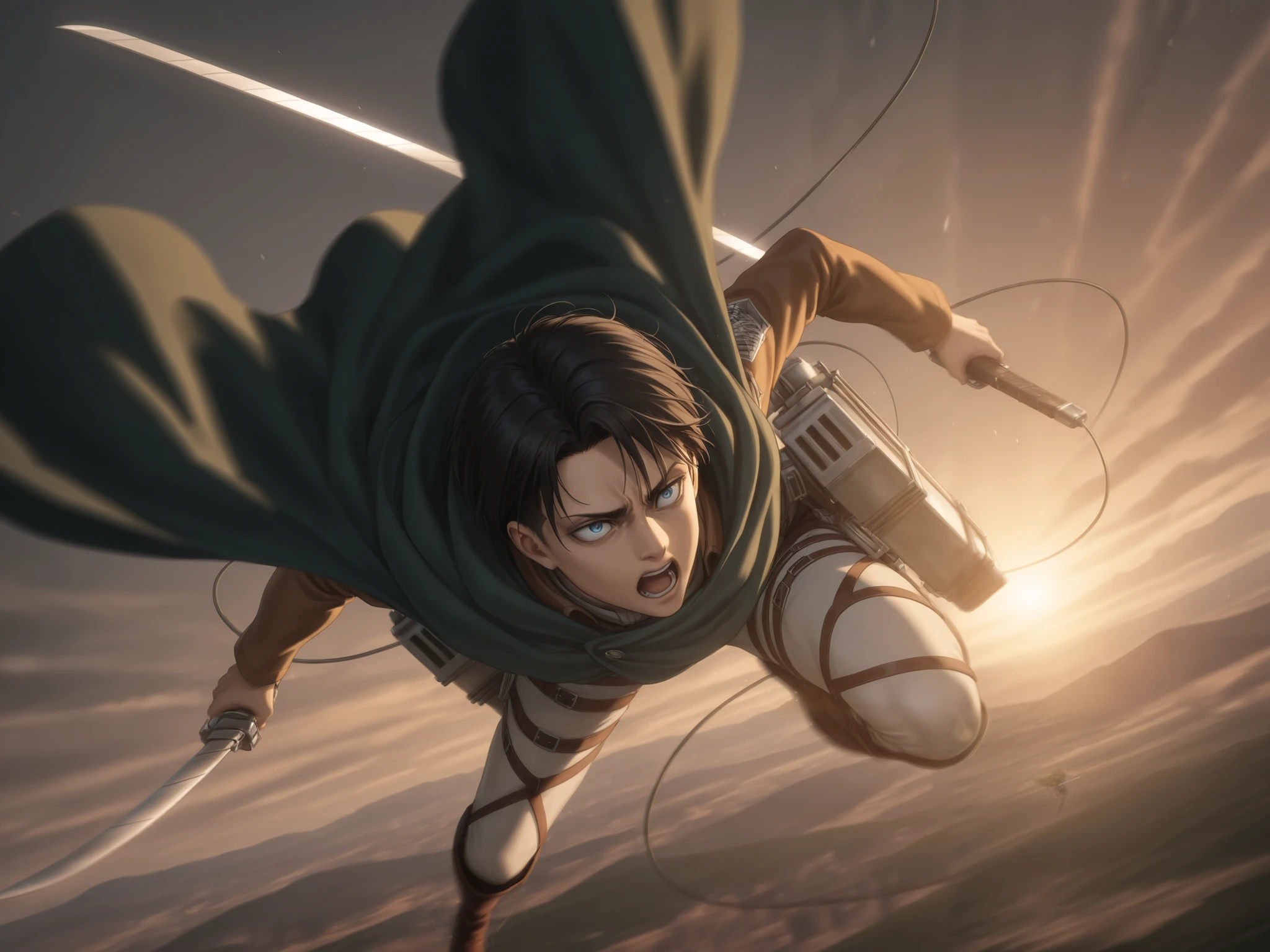 solo,1boy\(Levi Ackerman\(attack of titan\),diving to Titan from high above by The 3-D Maneuver Gear, downspin,motion blur,(dynamic pose),mad,angry,open mouth,holding 2swords,green cape\).anthro,screen capture.dynamic angle. BREAK .quality\(8k,wallpaper of extremely detailed CG unit, high resolution, top-quality, top-quality real texture skin, hyper realistic, increase the resolution, RAW photos, best quality, highly detailed, the wallpaper, golden ratio, high saturation realism, vibrant colors, dramatic lighting, persuasive storytelling, atmospheric scenery, captivating visuals, intricate details, strong emotions, dreamlike world\).landscape, dutch angle,action shot,(motion blur:1.3),limited color,tense battle scenes