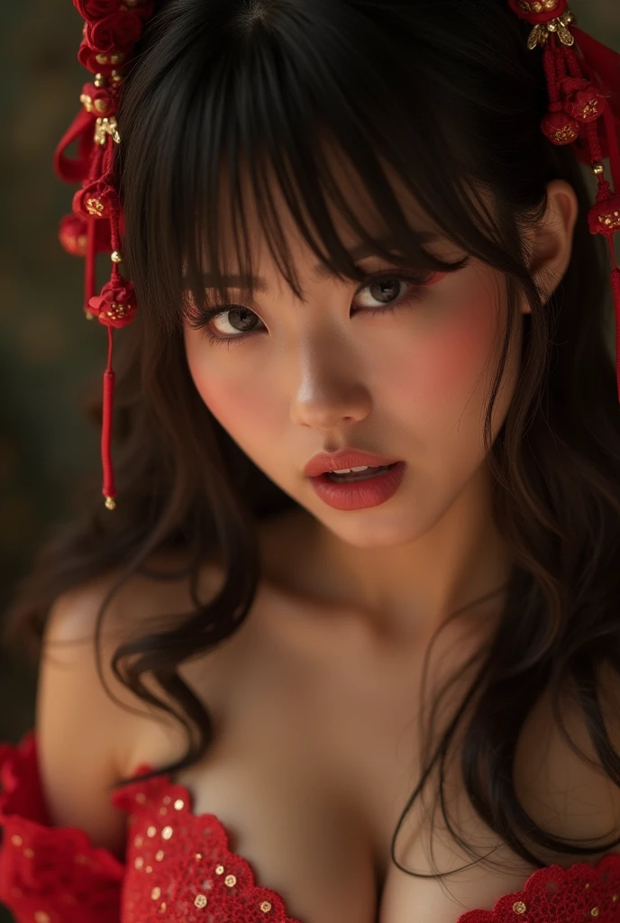 ((hyperrealistic, photorealistic, 8k, intricate details)) a vampire geisha sorceress goth cyberpunk succubus hottie, full lips, full breasts, oily skin, looking dark and scary (and daring) in a dark, neon-lit futuristic setting.