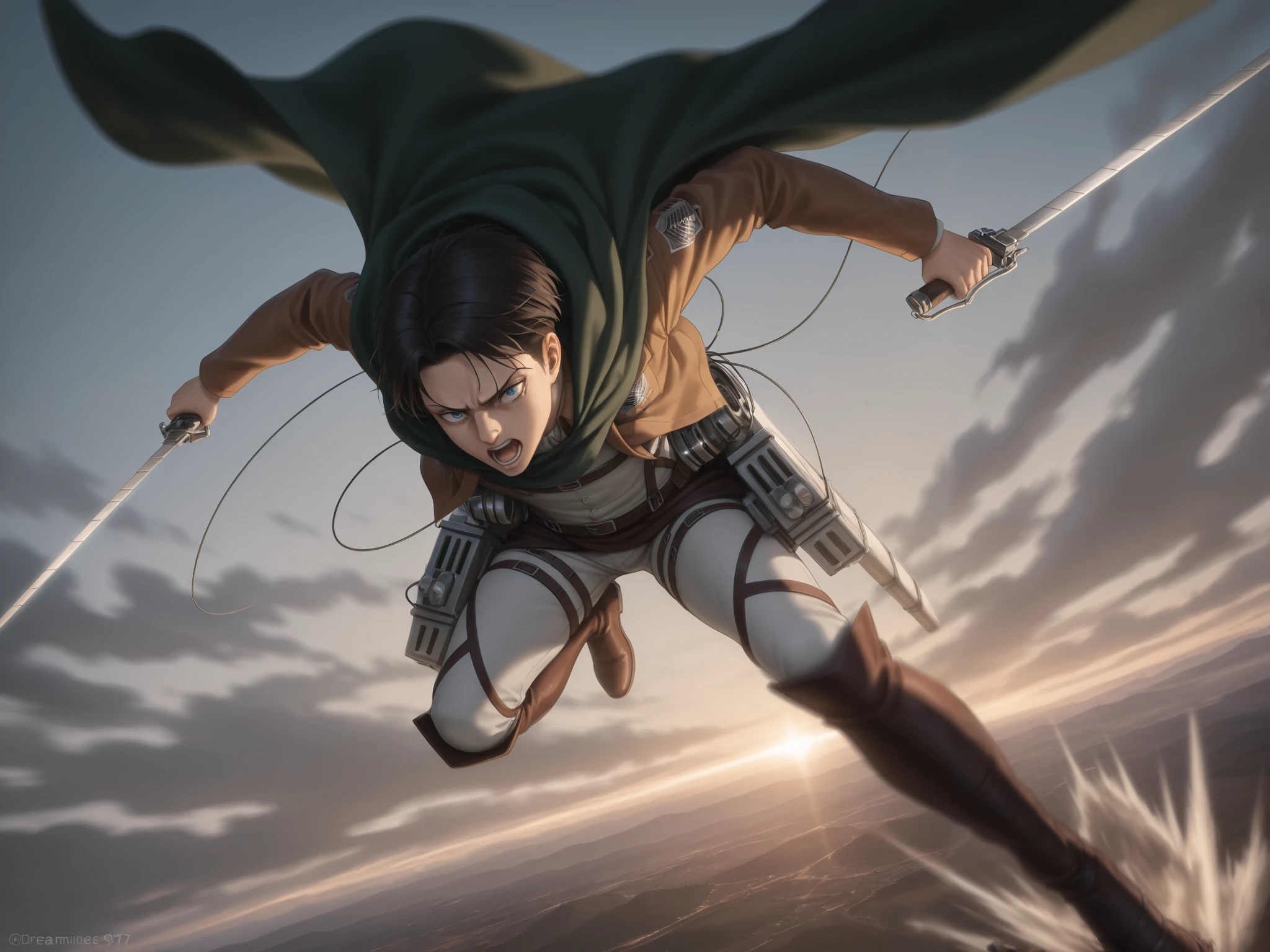 solo,1boy\(Levi Ackerman\(attack of titan\),diving to Titan from high above by The 3-D Maneuver Gear, downspin,motion blur,(dynamic pose),mad,angry,open mouth,holding 2swords,green cape\).anthro,screen capture.dynamic angle. BREAK .quality\(8k,wallpaper of extremely detailed CG unit, high resolution, top-quality, top-quality real texture skin, hyper realistic, increase the resolution, RAW photos, best quality, highly detailed, the wallpaper, golden ratio, high saturation realism, vibrant colors, dramatic lighting, persuasive storytelling, atmospheric scenery, captivating visuals, intricate details, strong emotions, dreamlike world\).landscape, dutch angle,action shot,(motion blur:1.3),limited color,tense battle scenes