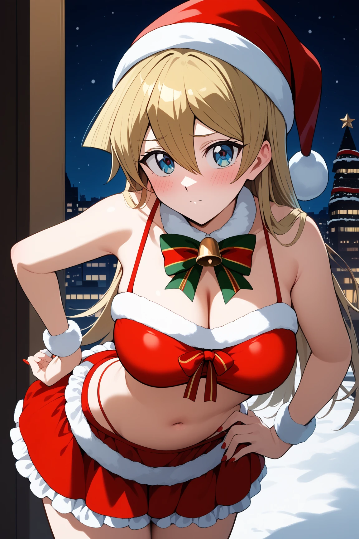 Tenjouin Asuka,megami magazine,long hair,blonde hair,hair between eyes,large breasts,
((santa,(santa swimwear:1.3),red swimwear,(zettai ryouiki:1.3),navel,frilled skirt,cuffs,santa hat,bow tie)),
1girl,(is embarrassing,big blush,closed mouth:1.0),
((leaning forward,hand on hip:1.2)),
(night city,snow:1.0),clothed