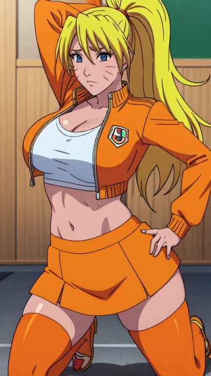 1 girl, ( full body), Alone, standing, pose sexy, ahegao, red face, blushing face, sweaty, ( Girl Yamanba Gyaru ), [Ganguro Girl ],  shiny leather, (mujer standingl oscura), [ tanned skin],  long blonde hair , hime cut, blows, (hair up),  big breasts, ojos grandes,  Ligth Blue Eyes , orange jacket,  open jacket ,  Long Sleeve Poet ,  puffed sleeves , Beyond the Wrists , ( Only mini sports bra ), (Pencil miniskirt), ( high waist skirt ), black fishing net , ( tall orange tights), [tall red stockings ], ,  huge ass , thick thigh, Background of Konoha 