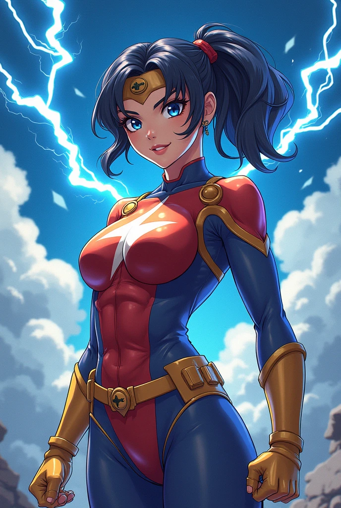 "Female superhero wearing a form-fitting leotard, showing off bare legs, adorned with boots and gloves, showcasing incredible powers."