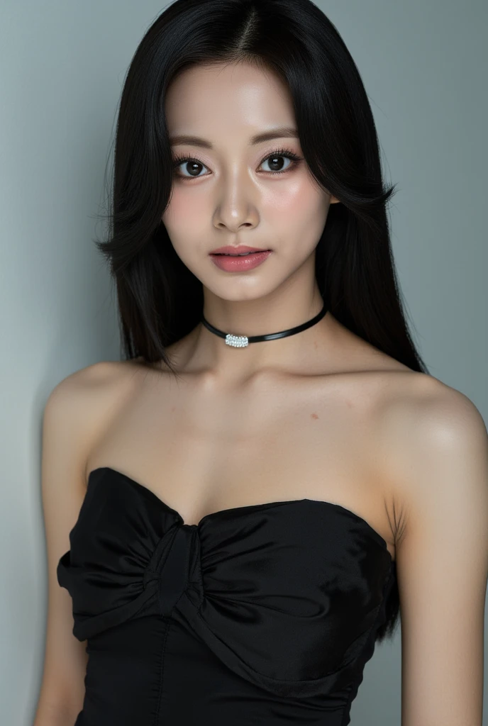 The image is a photograph of a young Asian woman with long straight black hair that cascades down past her shoulders. She has fair, smooth skin and a delicate, symmetrical face with high cheekbones, full lips, and large breasts, expressive brown eyes accentuated by subtle makeup. Her expression is angry smile, almost contemplative, as she gazes directly into the camera.
She is wearing a black, strapless dress that clings to her upper body,  showing her sexy cleavage, The dress has a slight sheen, suggesting it might be made of satin or a similar material. Around her neck, she wears a thin black slave choker with a small, sparkling silver pendant in the center, adding a touch of elegance to her look.
The background is a plain, light gray wall with no discernible features, which helps to keep the focus on the subject. The lighting is soft and even, eliminating harsh shadows and giving the image a gentle, almost ethereal quality. The overall style of the photograph is minimalist, with a focus on the subject's natural beauty and the simplicity of her attire.  