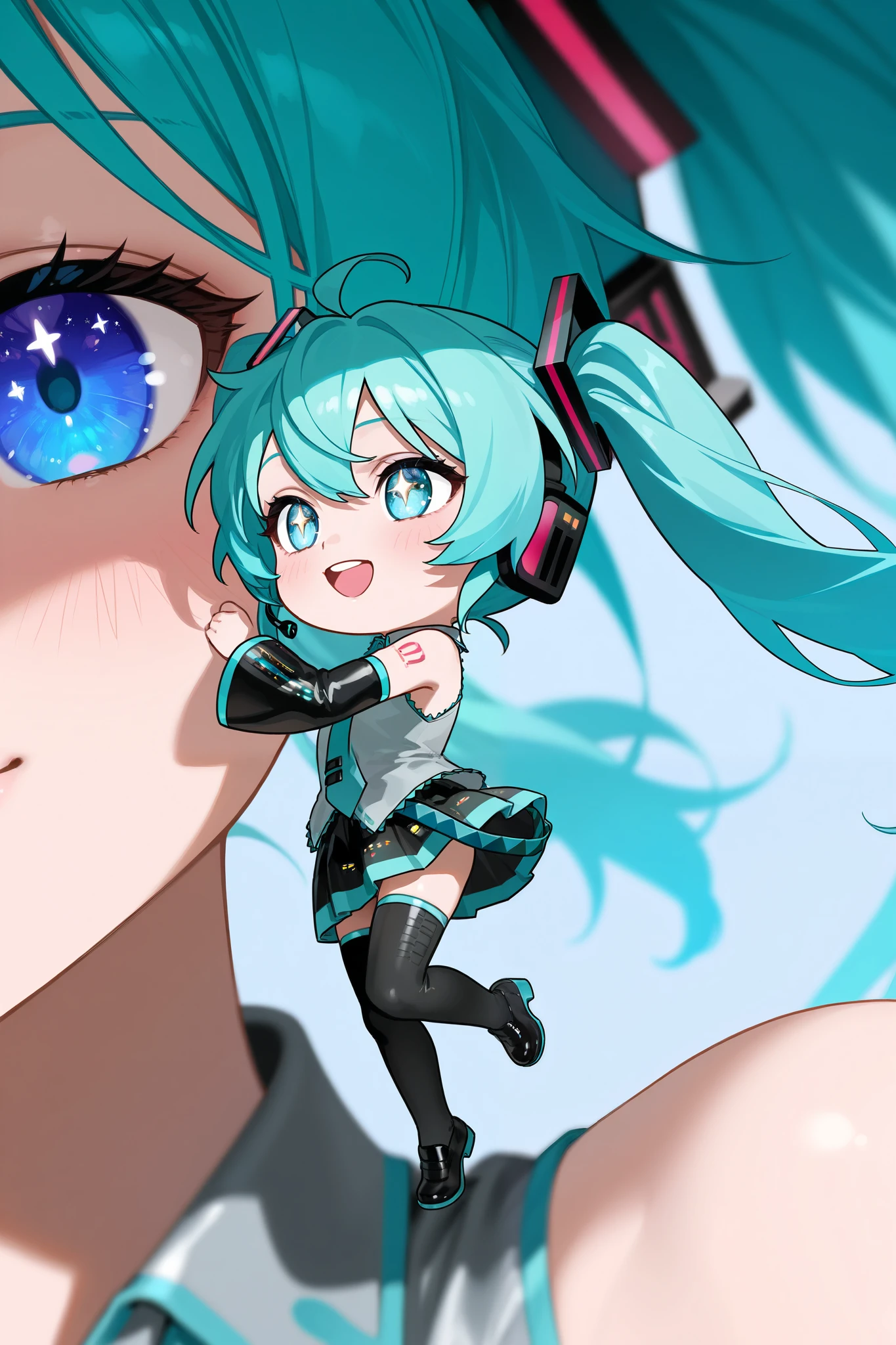 photorealistic、Chibi Miku (baseball、Stars in my eyes、Cute Shoes)、 clear focus , super detailed , Shining、 bioluminescence