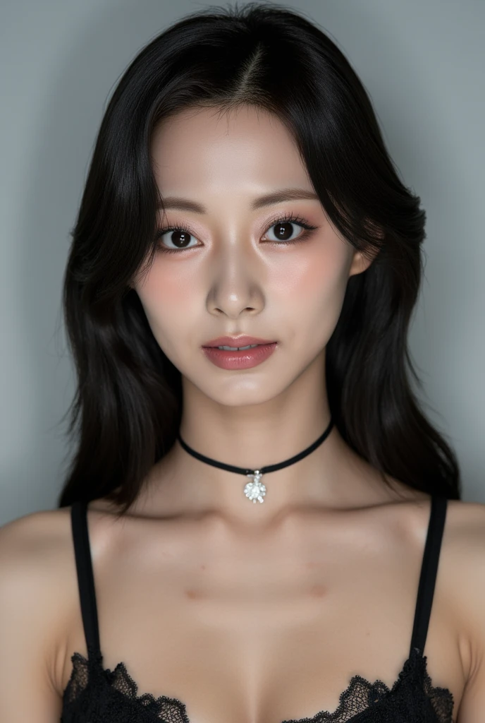 The image is a photograph of a young Asian woman with long straight black hair that cascades down past her shoulders. She has fair, smooth skin and a delicate, symmetrical face with high cheekbones, full lips, and large breasts, expressive brown eyes accentuated by subtle makeup. Her expression is angry smile, almost contemplative, as she gazes directly into the camera.
She is wearing a black lingerie. Around her neck, she wears a thin black slave choker with a small, sparkling silver pendant in the center, adding a touch of elegance to her look.
The background is a plain, light gray wall with no discernible features, which helps to keep the focus on the subject. The lighting is soft and even, eliminating harsh shadows and giving the image a gentle, almost ethereal quality. The overall style of the photograph is minimalist, with a focus on the subject's natural beauty and the simplicity of her attire.  