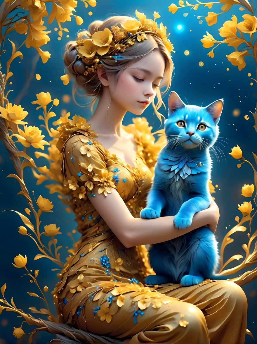 Girl made of golden flowers sitting on a branch,Holding a blue cat,blur background,Highly detailed,lifelike,Lifelike,Air flash particles,Studio Photos,Highly detailed,dynamic,,masterpiece,complex,hdr,Abstract fractal,Romantic atmosphere,Award-winning photos