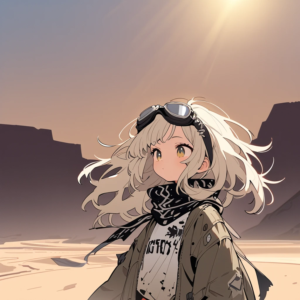  top quality,  Ultra Details,  illustrations,cute,  girl, Alone, the above, Beige Hair,  long hair,  wave hair, desert、punk。A masterpiece of tattered clothes , top quality)),一人の girl, attention to beautiful details , short hair、 dynamic composition 、 scarves 、Wears goggles 