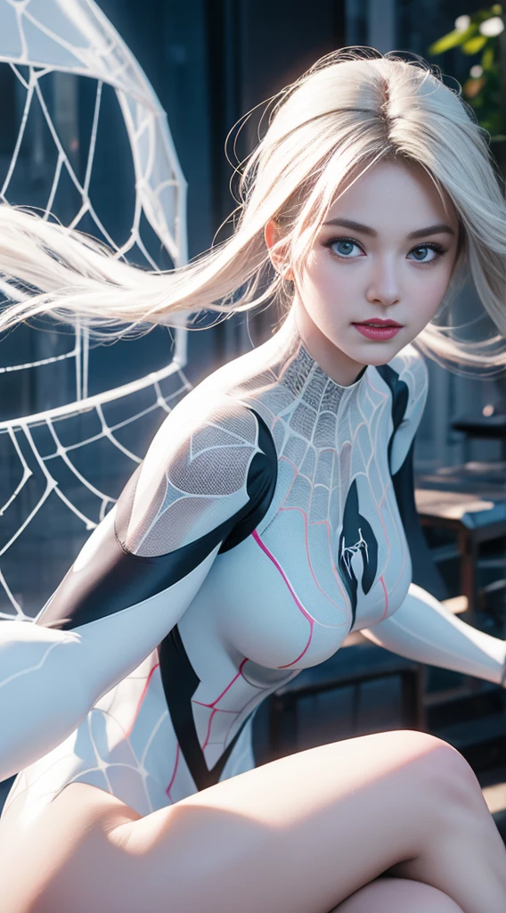 (Extreme Detail CG Unity 8K wallpaper, masterpiece, highest quality), (exquisite lighting and shadow, highly dramatic picture, cinematic lens effect), a girl in a white Spider-Man costume, silver gray hair color, from parallel universes, Marvel, Spider-Man, standing in an empty dance studio, dynamic pose), (excellent detail, outstanding lighting, wide angles), (excellent rendering, enough to stand out in its class), with a focus on the white Spider-Man costume