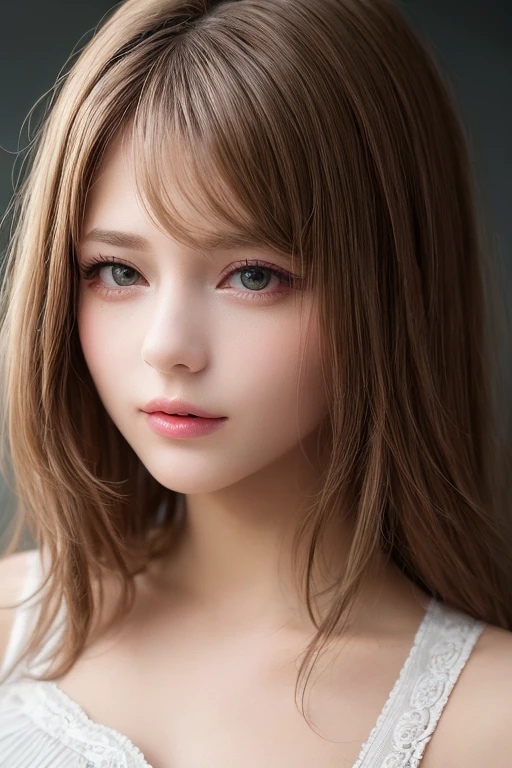1 Japanese girl, (looking away:1.4), (upper body shot:1.2), Beautifully detailed eyeballs, catchlight in the eyes, Realistic digital painting of a woman portrait, Shy,  Cute,  open mouth to say something, sad, brown eyes,  (Wavy medium Hair:1.1), (light brown brunette hair:1.3), (Highly detailed skin:1.2), Mystical style, Global Illumination,