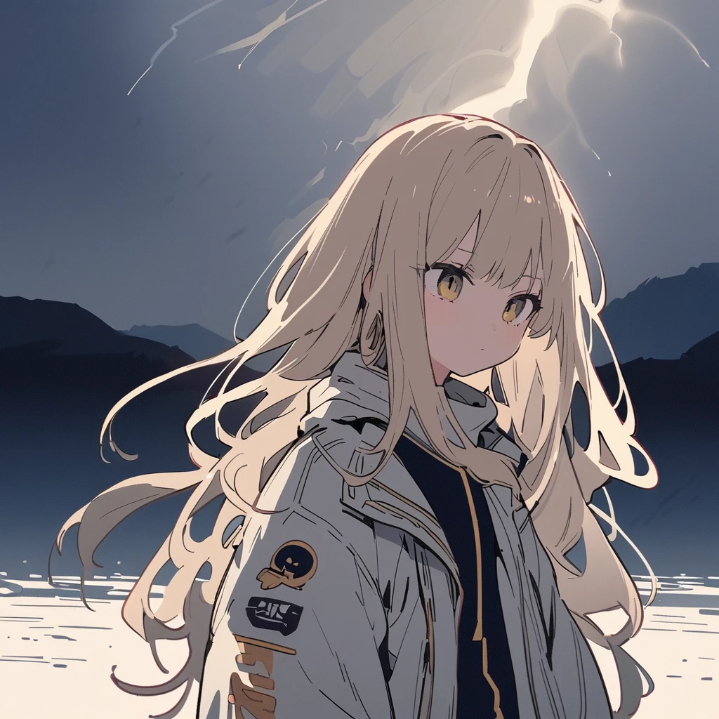  top quality,  Ultra Details,  illustrations,cute,  girl, Alone, the above, Beige Hair,  long hair,  wave hair, thunder、  thunderstorm ,bad weather,一人の girl, Cyberpunk