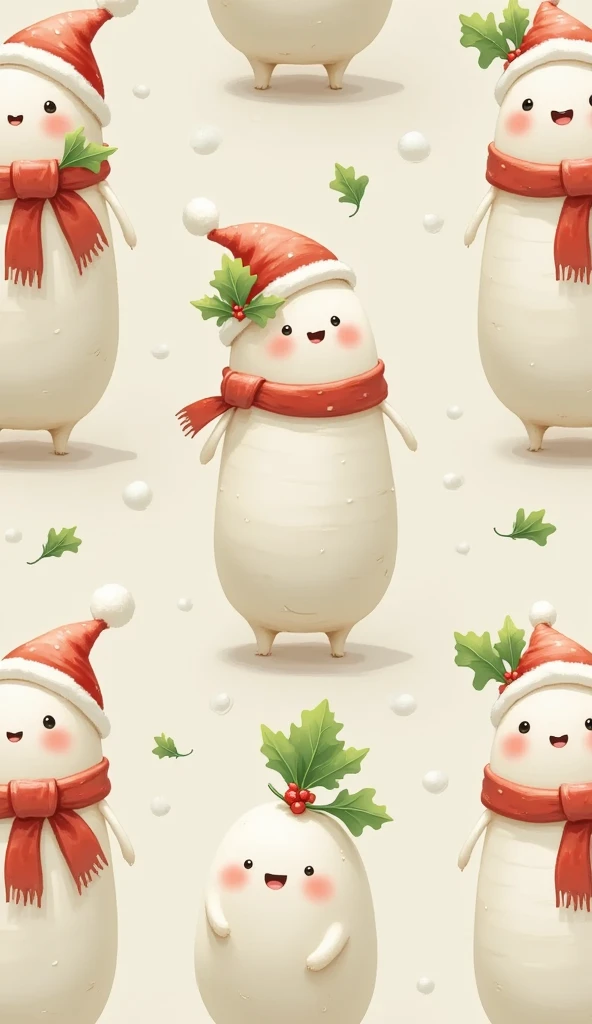 Create a Christmas Wallpaper, cute various white daikon radish characters pattern