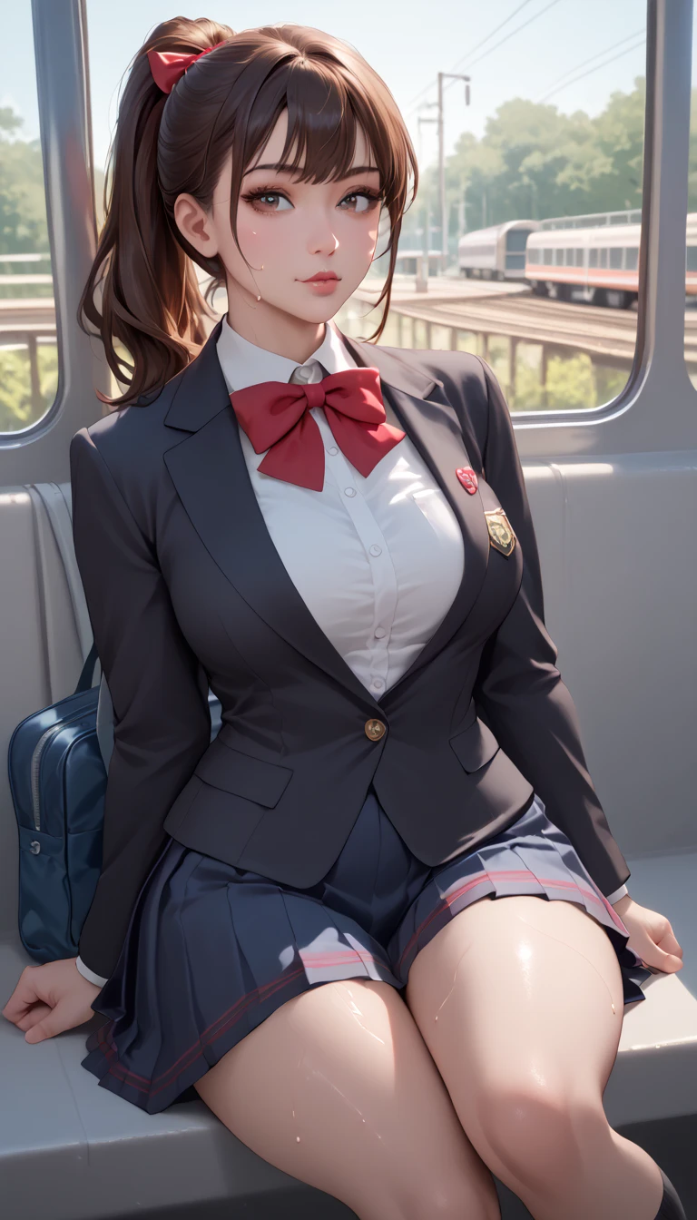 high resolution, 4K, solo, beautiful Japanese high school girl, detailed eyes, detailed cute face, puffy cheek, side facing, look for another side, ponytail hair, sweat,  black blazer, white blouse, a red ribbon, pleated skirt, black sox, loafers, brown hair, middle breast, sitting on train seat, (wide hip:1.4), detailed glossy (thick thigh:1.3), focused on skirt, panties (slightly:0.7) visible, both hands on skirt, (from front:1.2), school bag on train seat,  perfect lighting, perfect bright,