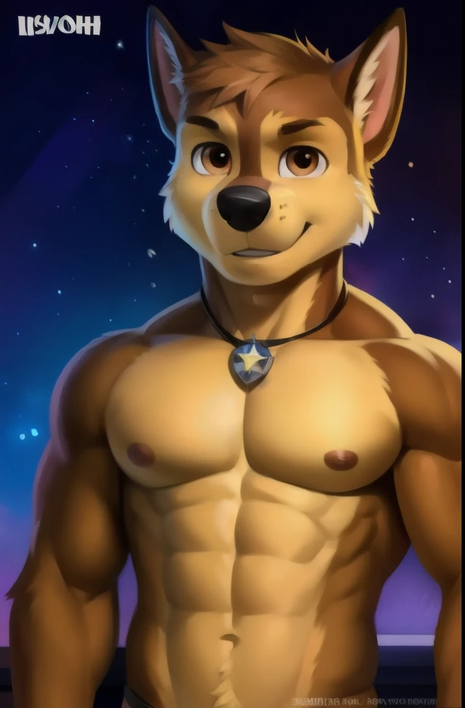 detailed fluffy fur texture, impasto-impressionism , (authors foxovh, Ross Tran, Mikhail Garmash , Pinot Daeni, A SPARK), detailed eyes , highly detailed pupils , Single, fluffy, antro, Chase-PP , domestic dog, pectoralis major muscle, male dog, brown eye , brown fur , light brown body, muscular body, fully naked boasting , muscular, очень muscular, underwear erection ,