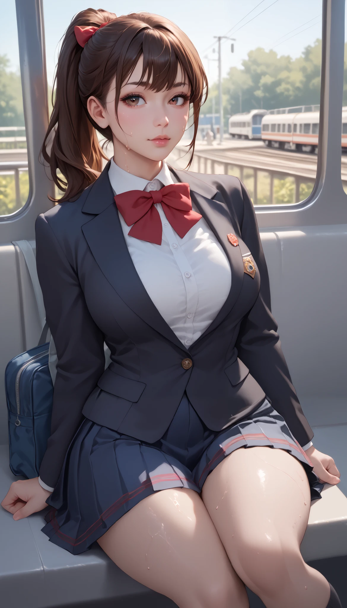 high resolution, 4K, solo, beautiful Japanese high school girl, detailed eyes, detailed cute face, puffy cheek, side facing, look for another side, ponytail hair, sweat,  black blazer, white blouse, a red ribbon, pleated skirt, black sox, loafers, brown hair, middle breast, sitting on train seat, (wide hip:1.4), detailed glossy (thick thigh:1.3), focused on skirt, panties (slightly:0.7) visible, both hands on skirt, (from front:1.2), school bag on train seat,  perfect lighting, perfect bright,