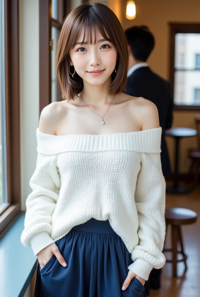  1 beautiful woman, smile、 short light brown hair 、26 years old、Bare shoulders、White knit、 dark blue long skirt、Height: 155cm、Bust 32"、Waist 58cm、Hips 85cm 、 walking through the old japanese shline 、Shiny whitening 、 Hairstyle with bangs、 announcer、round face、 soft big boobs、 random sexy poses 、 showing cleavage 