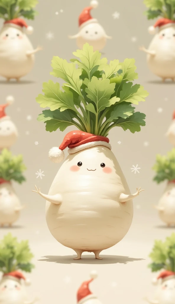 Create a Christmas Wallpaper, chibi cute various white daikon radish characters pattern