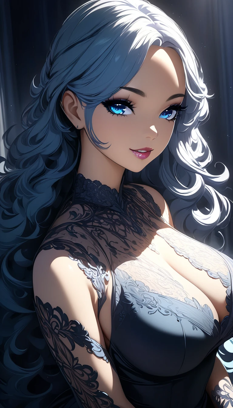 Exquisite and charming anime style illustration, alucard fusão com Goku dark sexy Big tits fênix in the daisy flower bed, a beautiful girl with silver hair, blue eyes, half body, hiding in the flowers dark black , colorful and dazzling black . Intricate details, rendering and painting techniques come together to create a mesmerizing scene that evokes elegance and otherworldly elegance.