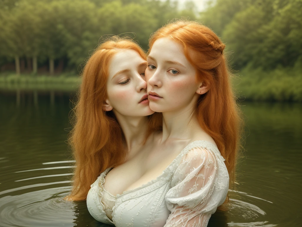 a girl whispering into another girl's ear, overhead view, 1800s aesthetic, redhead and blonde hair, sharp facial features, (gigantic breasts:1.3), beautiful detailed lace dress, long puff sleeves, cinched waist, refined silk or fine cotton fabric, elegant victorian fashion, detailed fashion illustration, swimming in lake, peaceful nature landscape, lush green foliage, warm golden hour lighting, reflections in water , high quality, realistic, photorealistic, 8k, masterpiece, intricate embroidery, delicate lace patterns, opulent textures, sumptuous folds, dramatic lighting, warm color palette, chiaroscuro, oil painting style