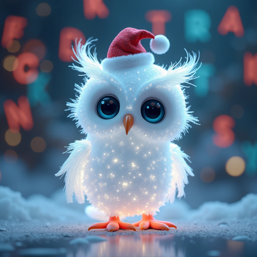 masterpiece、Alone, (1 white owl-shaped hologram),Put a Santa Claus hat on your head,Intelligent, kind, top quality,  High Definition Model  ,  high detail, 3d rendering ,8k,Green alphanumeric characters randomly placed on the background, Blurred Background