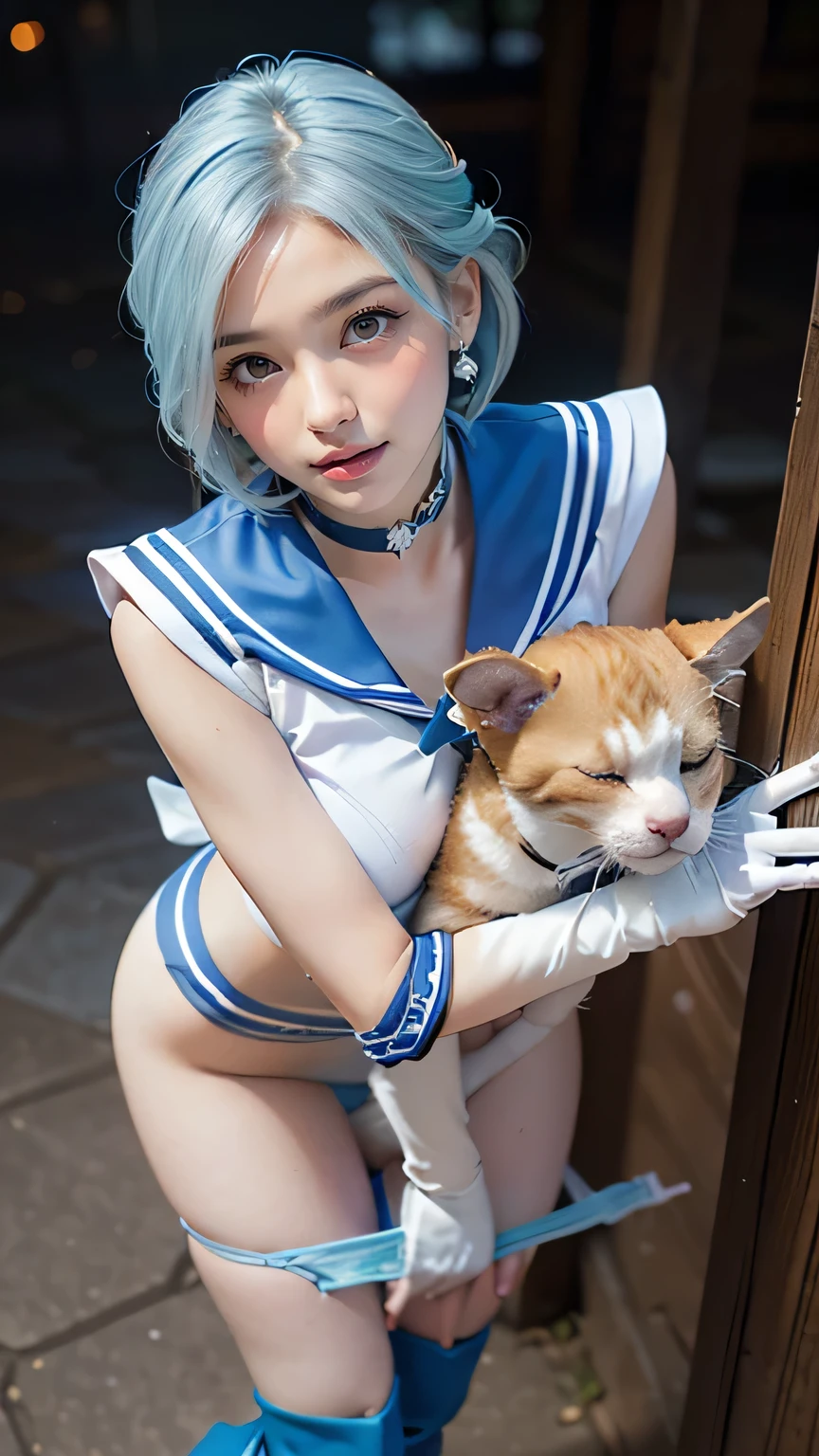 (((  top quality ))), ((  Masterpiece  )), (    Details), ((Alone)), ((((((Mer1, tiara, sailor senshi uniform, blue sailor collar, bow, knee boots, choker, white gloves, blue choker, elbow gloves, jewelry, earrings, blue skirt, white panties, blue hair:1.5 )))))),  ((( slender body:1.4, Big Breasts, cleavage:1.1 ,Wide ass, narrow waist ,  firm, thick thighs sleeping on top of a pet,  Thin legs))),(  camel toe    , camel toes), ((      Glowing Skin     ,    white skin,      Glowing Skin     )), Mysterious Light,  ((( Girl with a well-groomed face   ))), ((  big eyes)), ((((((Droopy eyes)))))), ((((   closes the eye )))), ((((   accurate anatomy )))),    Completely-valid   ,    Eye Shadow ,     earrings for women alone  ,    necklace   ,(( standing,pantypull,pantydrop,panties)),