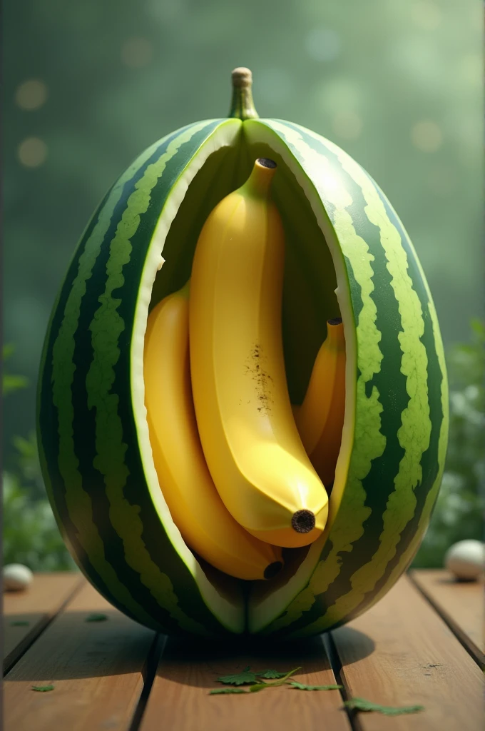 Make a banana insert itself into a watermelon in a vulgar sexual way More vulgar