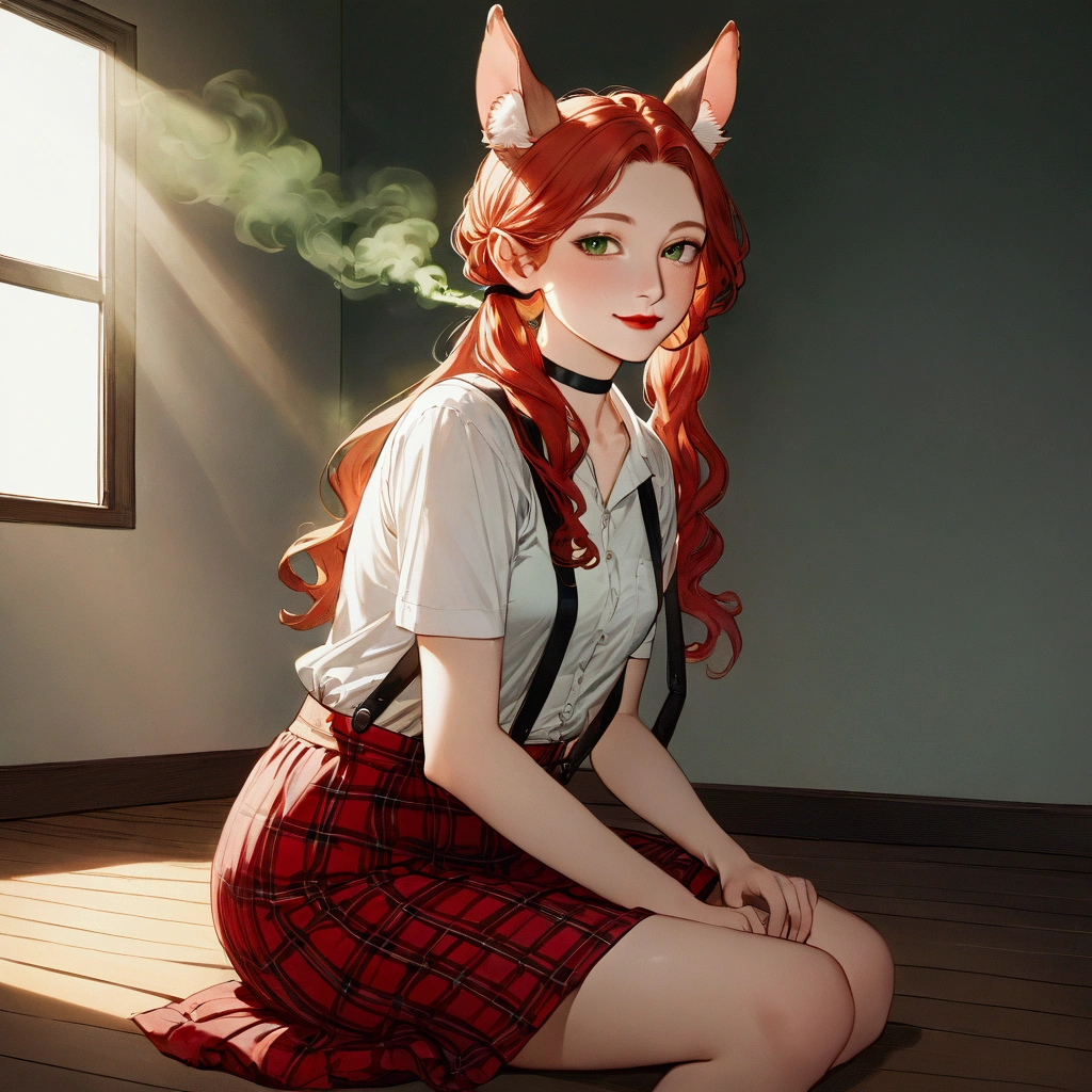 green smoke, weed, 1thin girl, (fur ears:1.2), ginger wavy long hair with ponytails up hair, sharp nose, very big ass and very small chest, black choker and suspenders, wooden floor, very short white blouse with short sleeves, thin very red lips, school plaid red skirt, white walls, dark room, sunlight, sitting at home, little smile