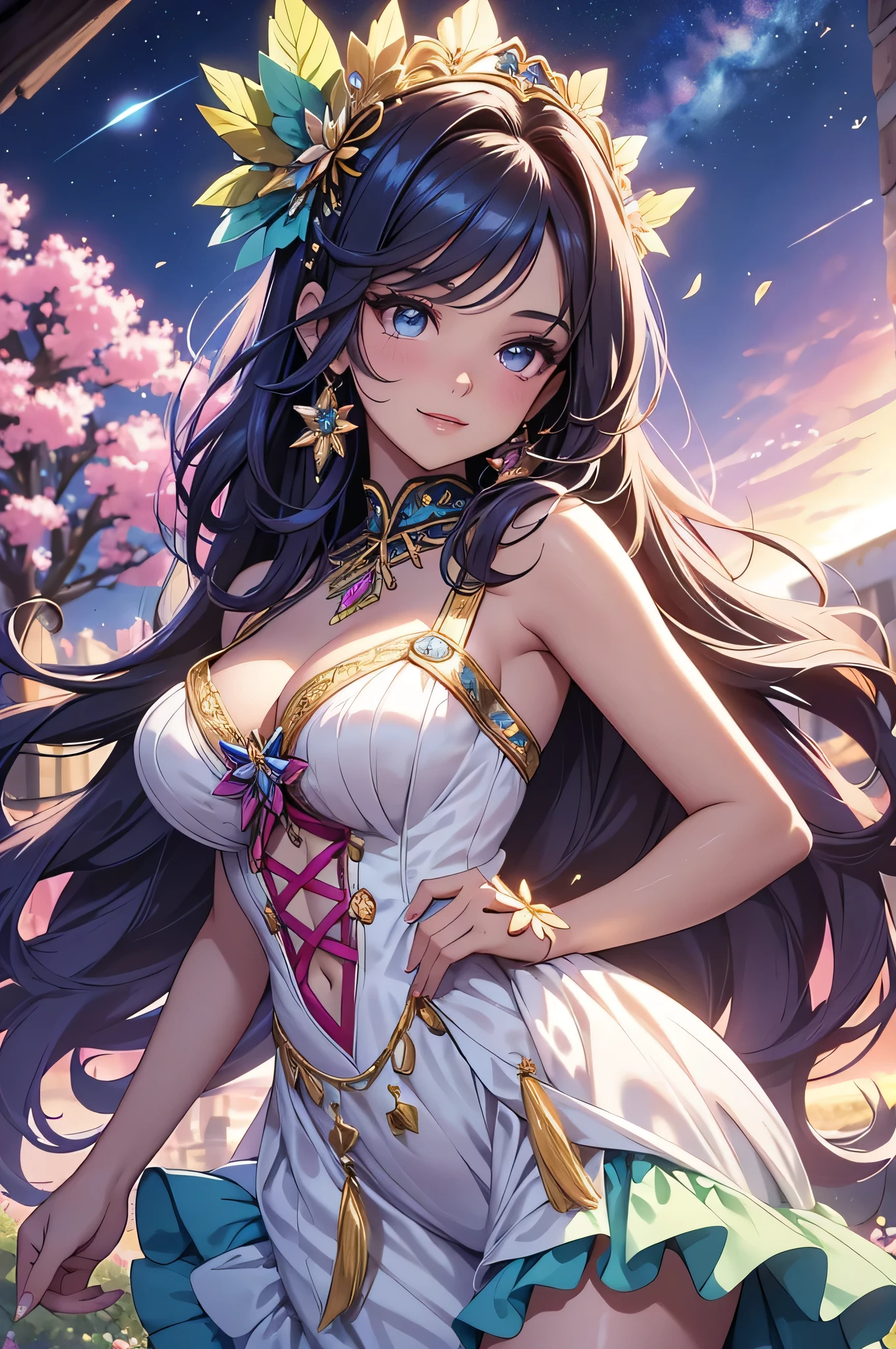 (best quality,4k,8k,highres,masterpiece:1.2),ultra-detailed,(realistic,photorealistic,photo-realistic:1.37),acrylic painting,beautiful Brazilian model in a ta dress with downy hair,beautiful Brazilian model with extremely colorful hair and detailed facial features,beautiful Brazilian model standing in a beautiful garden surrounded by a starry sky,beautiful Brazilian model wearing a vibrant Loliress,beautiful Brazilian model with intricate accessories and a matching hat,beautiful Brazilian model posing gracefully with her hands on her hips,beautiful Brazilian model with long flowing twintails,beautiful Brazilian model with bright blue eyes and rosy lips,beautiful Brazilian model with a joyful expression,beautiful Brazilian model in a dynamic pose with cherry blossoms falling around her,beautiful Brazilian model surrounded by colorful flowers and butterflies,beautiful Brazilian model's dress adorned with cute bows and lace details,beautiful Brazilian model with an enchanting smile,beautiful Brazilian model with soft, pastel-colored shading,beautiful Brazilian model with a magical glow illuminating her,beautiful Brazilian model in a picturesque setting with a winding path leading to a magnificent castle,beautiful Brazilian model holding a microphone and singing passionately,beautiful Brazilian model with a fairytale-like background,beautiful Brazilian model with a soft, dreamy atmosphere,beautiful Brazilian model with a subtle bokeh effect,beautiful Brazilian model standing under a moonlit sky,beautiful Brazilian model with a warm, golden sunset in the background,beautiful Brazilian model surrounded by twinkling stars and colorful nebulae,creating an ethereal and captivating artistic masterpiece. 